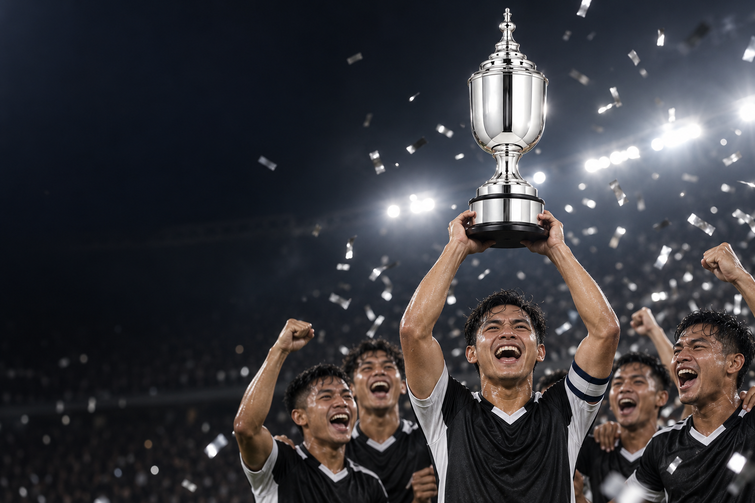 Campaign visualisation of a winning team lifting a White Silver trophy under stadium lights