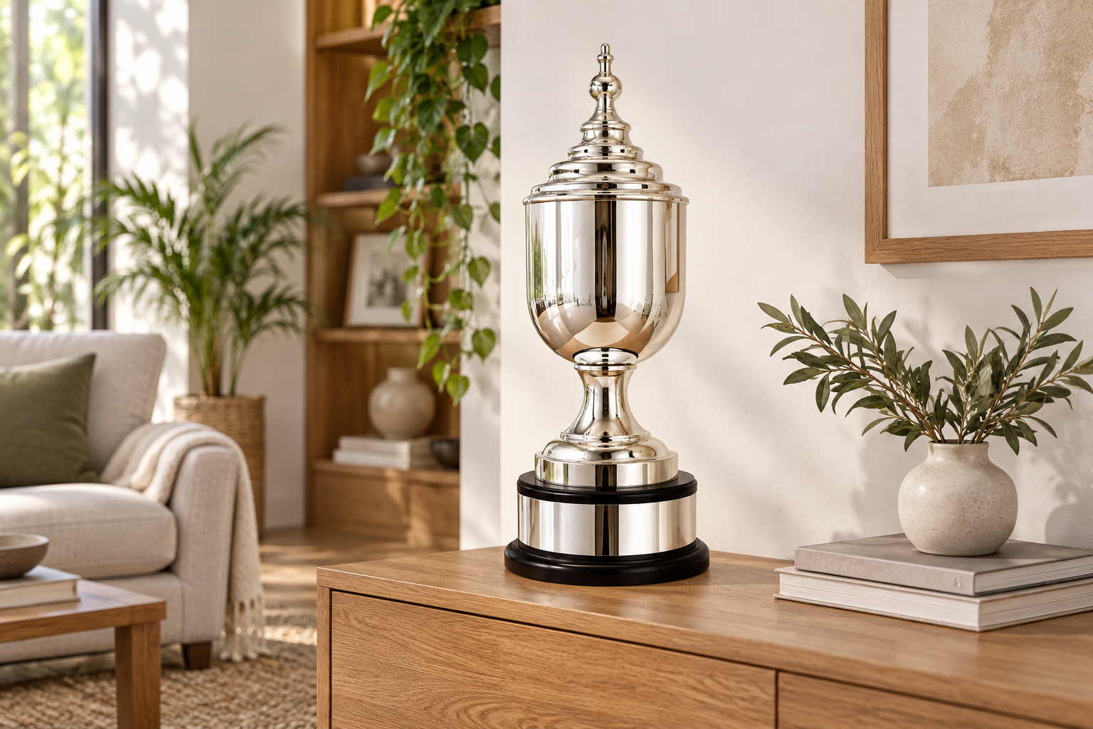 Campaign visualisation of a White Silver trophy styled as a keepsake on a console in a contemporary home