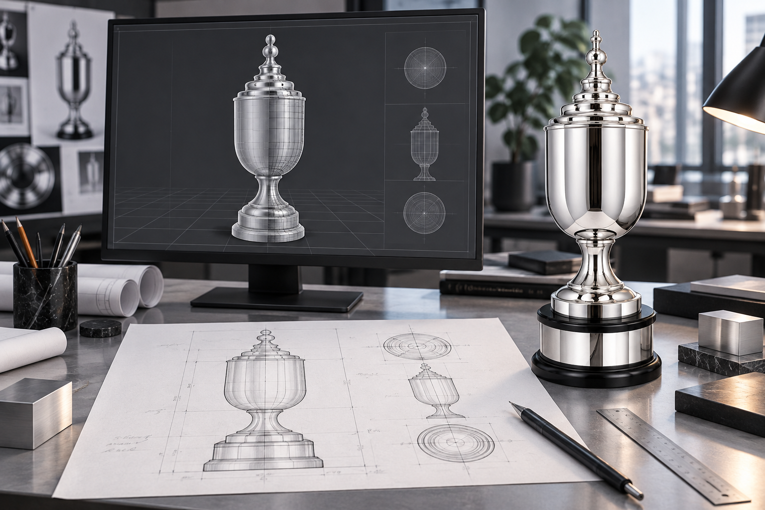 Illustrative design desk with a trophy drawing and a three-dimensional CAD model of WS 6243
