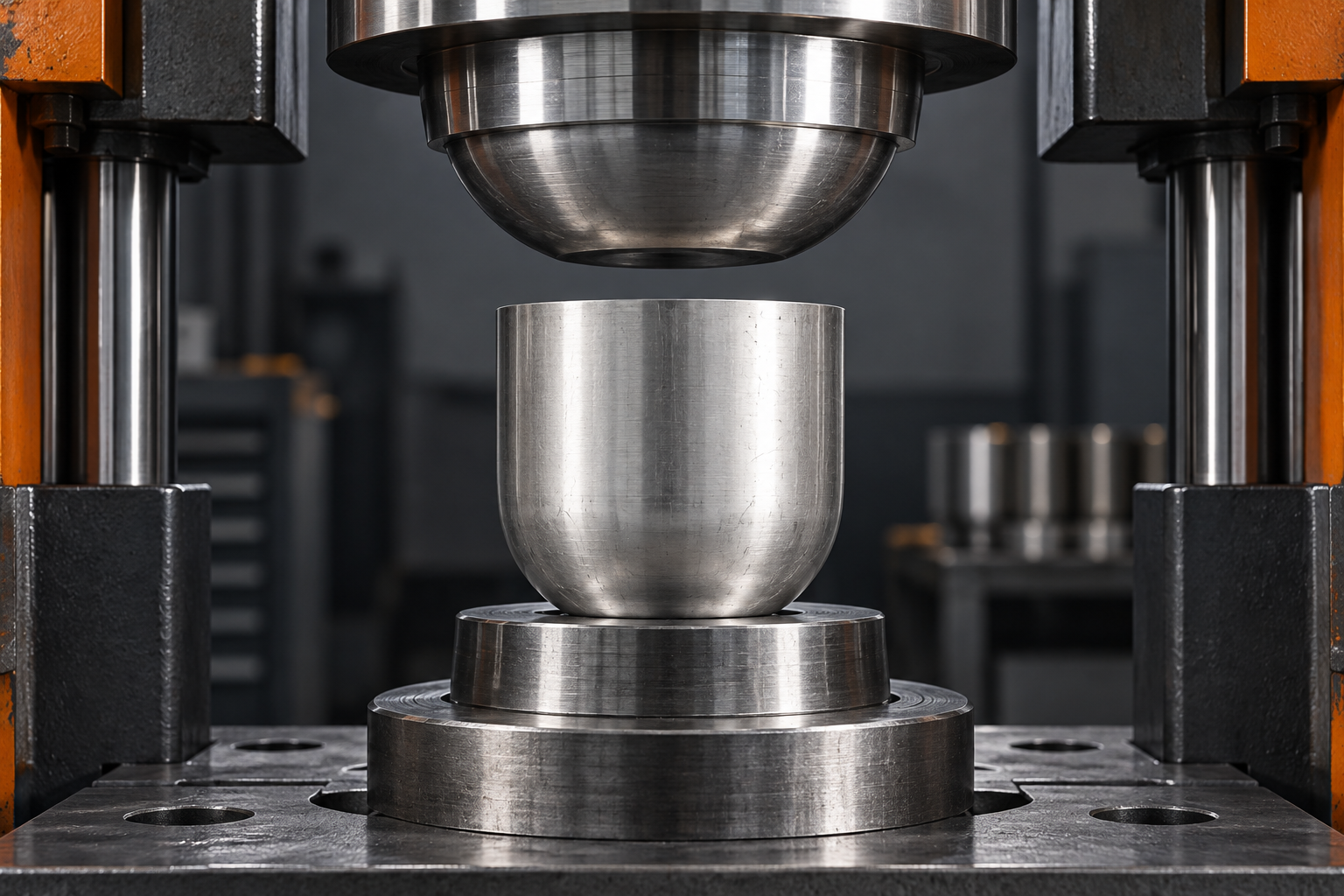Illustrative metal-forming setup showing an unfinished trophy bowl and forming dies