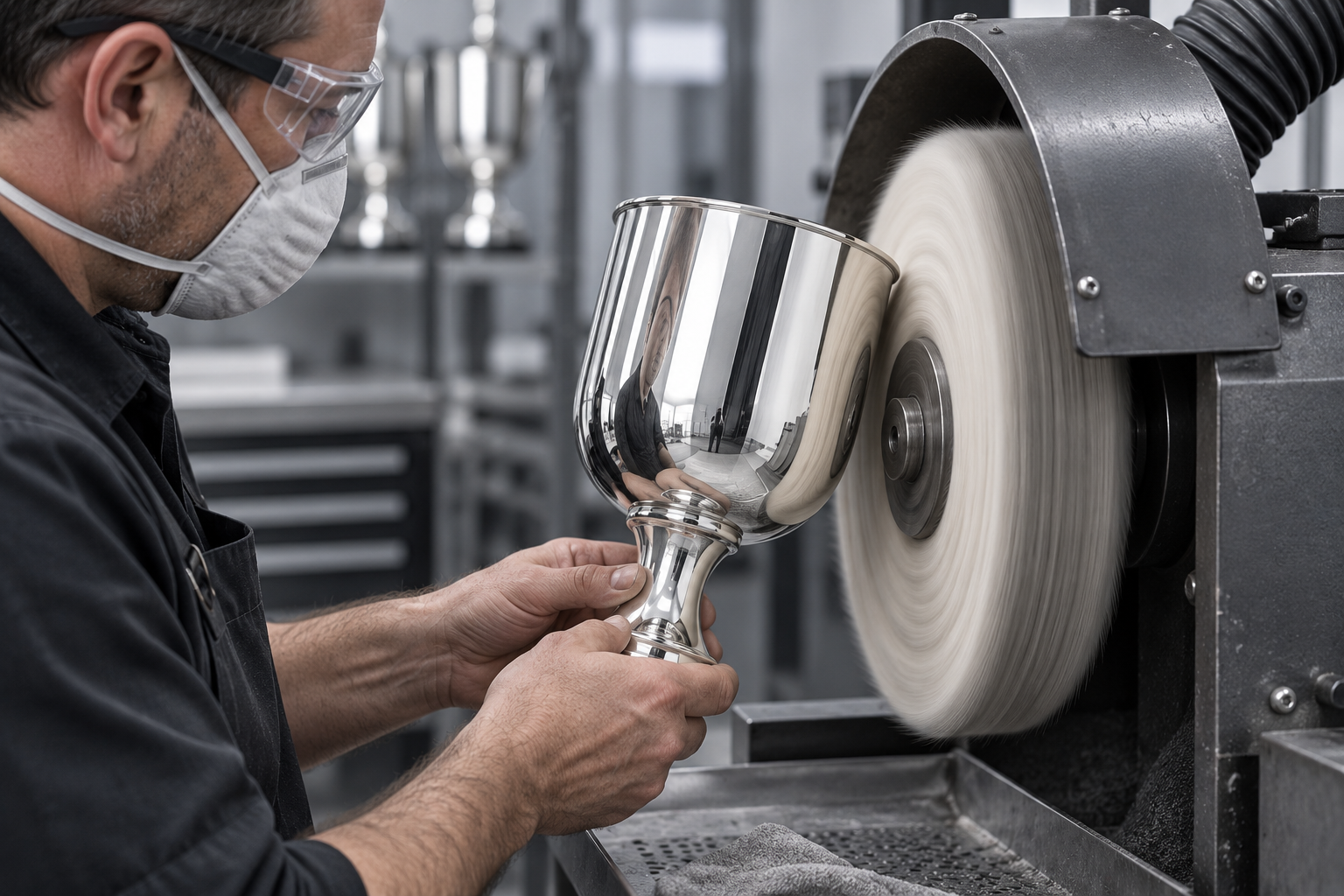 Illustrative craftsperson polishing a detached silver trophy bowl at a cloth buffing wheel