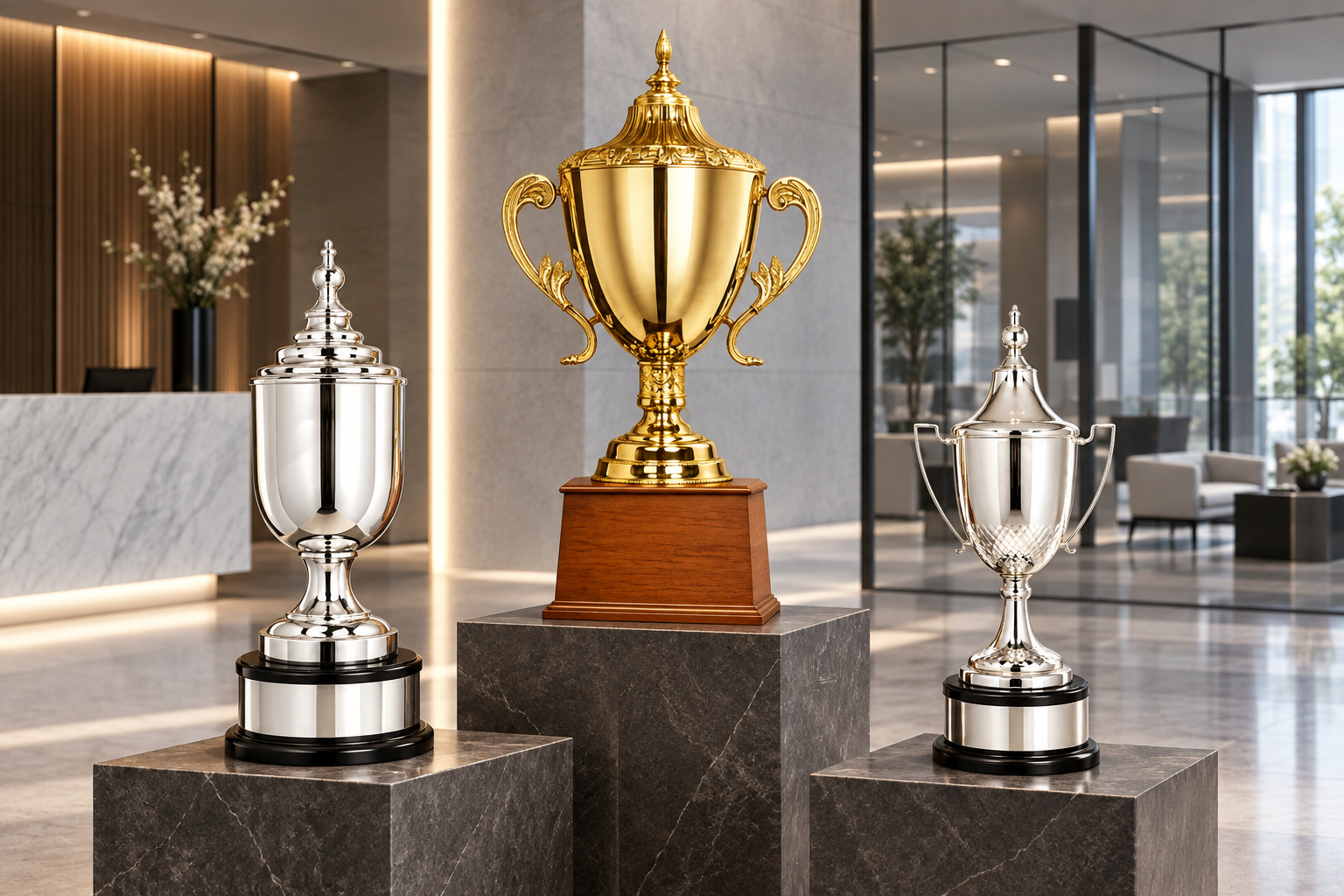 Campaign visualisation of White Silver trophies displayed in a corporate showroom